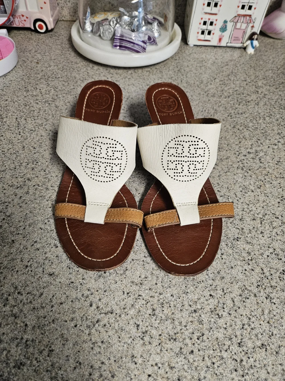 Tory Burch White Leather Miller Sandals with Tan Strap